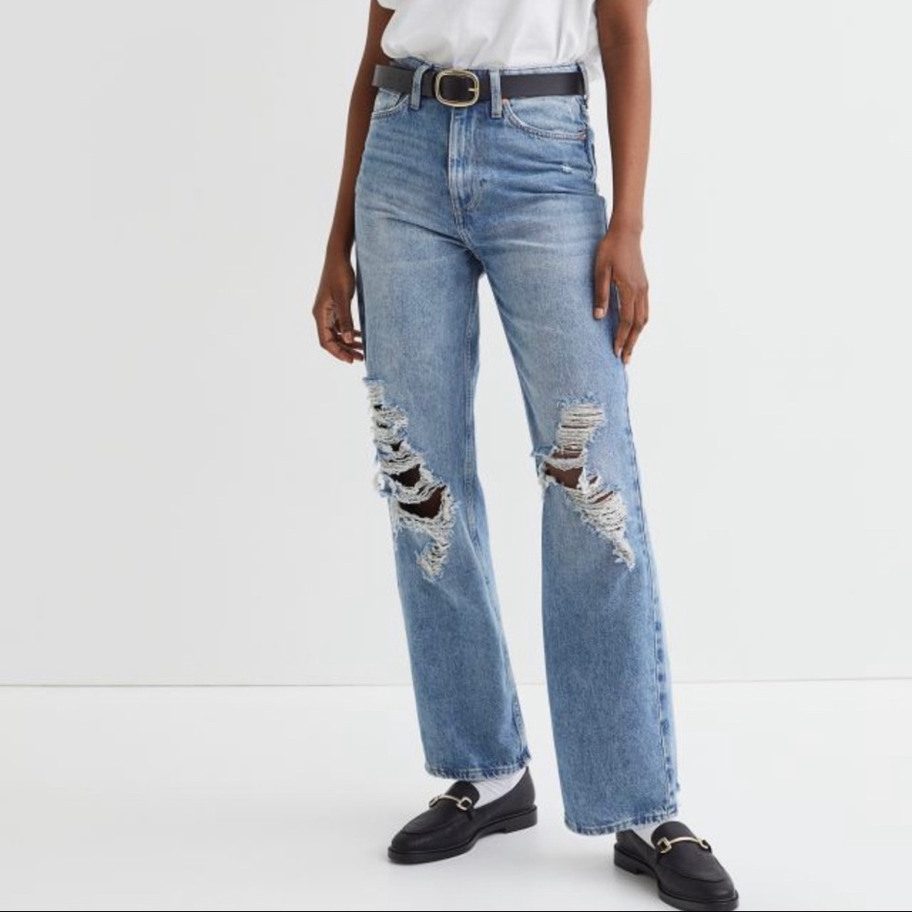 H&M Womens 4 Distressed Loose Fit Straight Leg High Waist Medium Wash Jeans